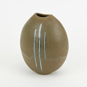 Mango shaped studio pottery vase Olive with blue stripes side view