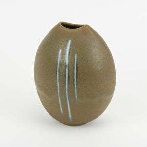 Mango shaped studio pottery vase Olive with blue stripes side view